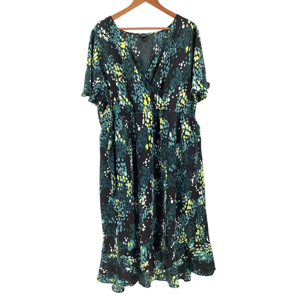 Torrid Plus Size 3 Faux Wrap Flutter Sleeve Dress Pockets Lined Black & Green - Picture 2 of 7